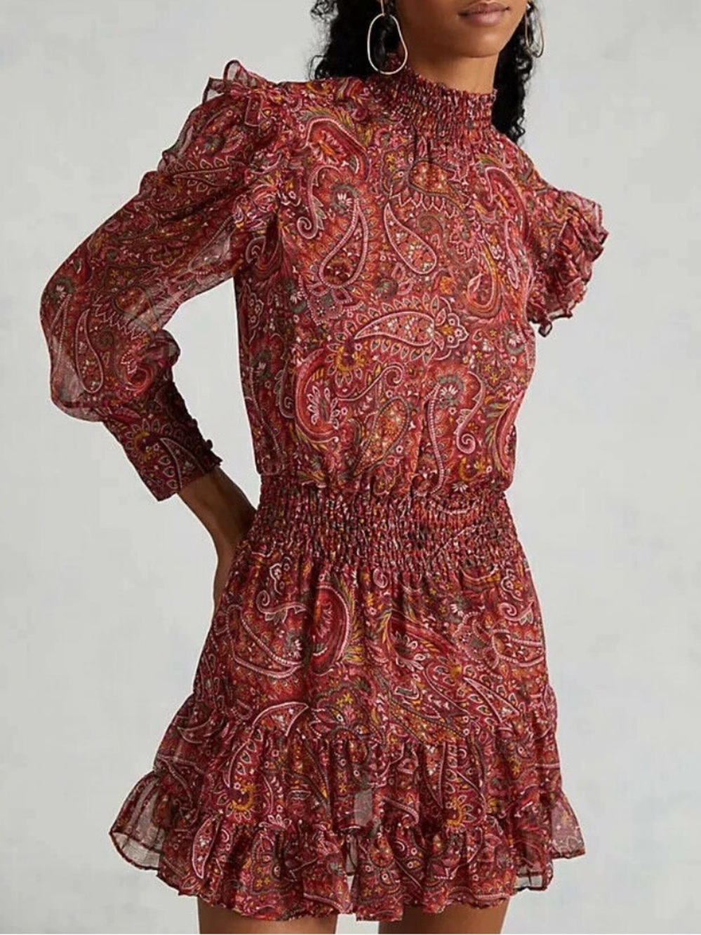 Misa Los Angeles Gianna Bohemian Paisley Long-Sleeve Chiffon Mini Dress Ruffle S